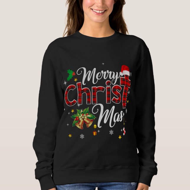 Sweatshirt Joyeux Buffalo de Noël Plaid Red Christian Cross (Devant)