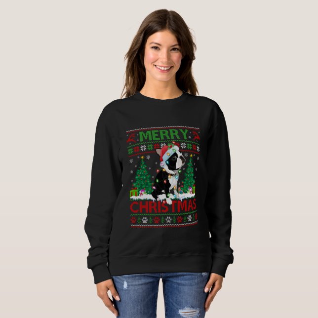 Sweatshirt Joyeux éclairage de Noël laide Boston Terrier Chri (Devant entier)