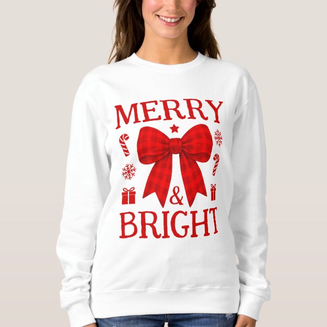 Sweatshirt Joyeux et Lumineux Noël Rouge à Ruban Gingham (Devant)