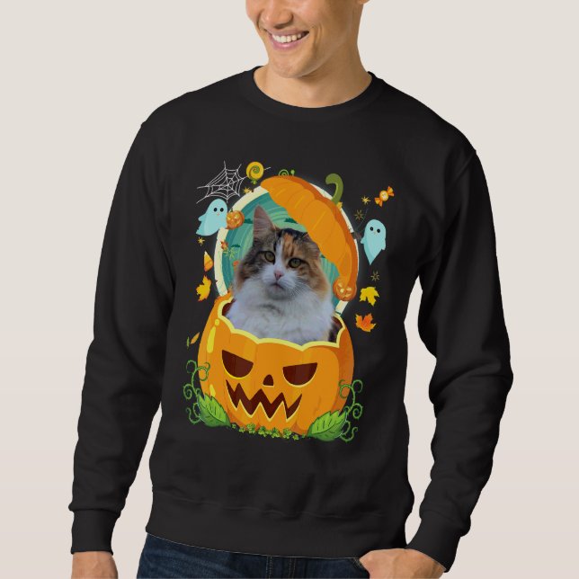 Sweatshirt Joyeux Halloween Citrouille Chat Manx Sorcière Cha (Devant)