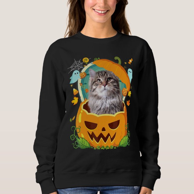 Sweatshirt Joyeux Halloween Citrouille Chat Sibérien Sorcière (Devant)