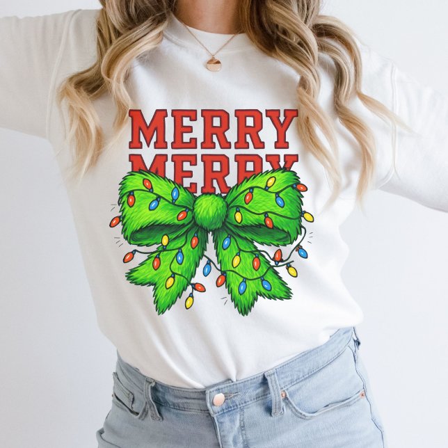Sweatshirt Joyeux Joyeux Feux de Noël Green Bow (Merry Merry Christmas Sweatshirt Green Bow with Christmas lights. Festive Gift for her, mom)