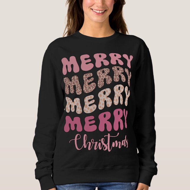 Sweatshirt Joyeux Joyeux Joyeux Joyeux Noël Léopard rose Supe (Devant)