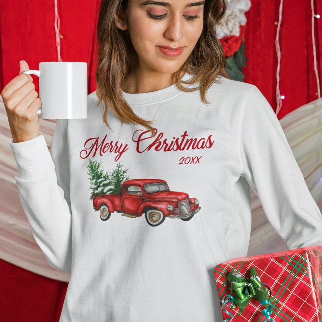 Sweatshirt Joyeux Noël Aquarelle Vintage Camion rouge Année (Several shirt styles and colors to choose from.)