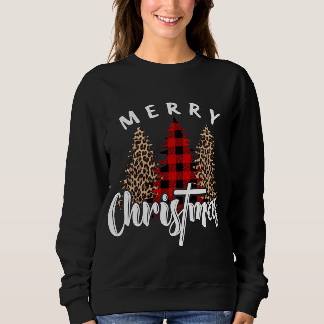 Sweatshirt Joyeux Noël Croix Buffalo Plaid Empreinte de léopa (Devant)