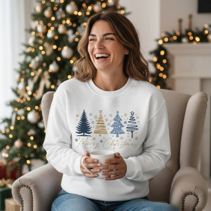 Sweatshirt Joyeux Noël Fantaisiste Arbres Festifs Bleu Or