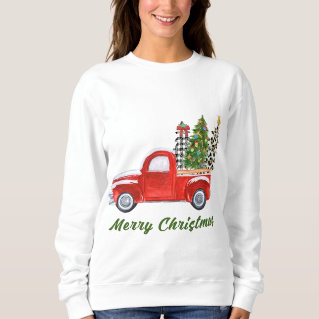Sweatshirt Joyeux Noël Leopard Plaid Arbre de Noël Rouge T (Devant)