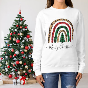 Sweatshirt Joyeux Noël Plaid et Empreinte de léopard Rainbow