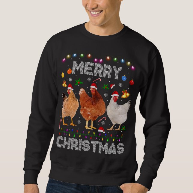 Sweatshirt Joyeux Noël Poulet de Noël Lumières de chapeau Noë (Devant)
