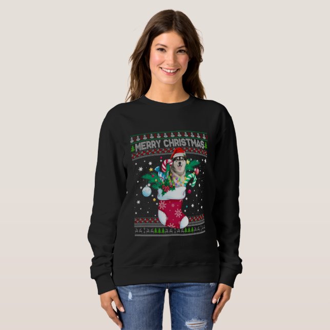 Sweatshirt Joyeux Noël Sibérien Husky Chien Dans Sock Drôle (Devant entier)