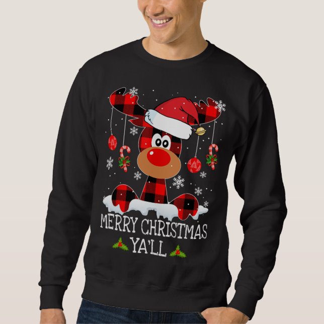 Sweatshirt Joyeux Noël Ya'll Buffalo Red Plaid Reindeer S (Devant)