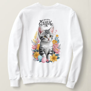 Sweatshirt Joyeux Tabby Gris de Pâques avec fleurs