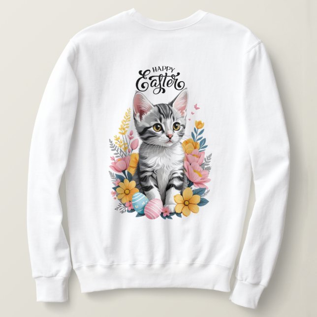 Sweatshirt Joyeux Tabby Gris de Pâques avec fleurs (Design dos)