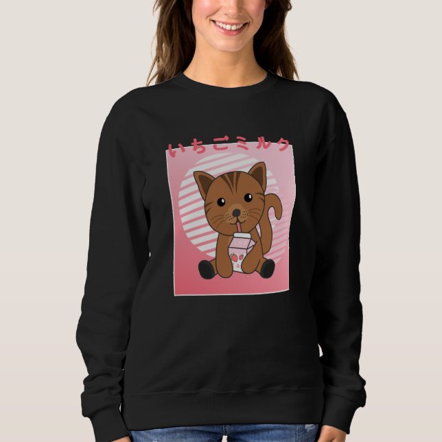 Sweatshirt Kawaii Chat Retro Lait de fraise japonais (Devant)