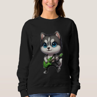 Sweatshirt Kawaii Chibi Drôle de Chien Husky Sibérien Guitari
