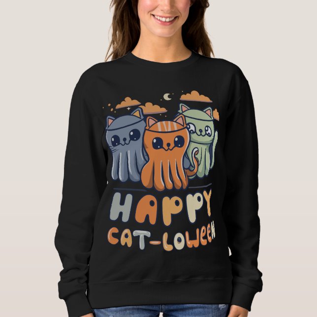 Sweatshirt Kawaii Ghost Cats Happy Cat-loween Pun d'Halloween (Devant)