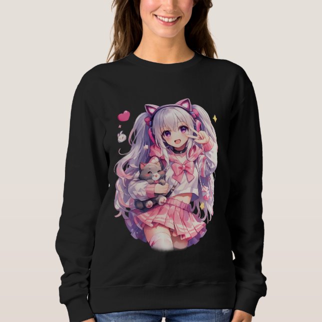 Sweatshirt Kawaii Pink Catgirl Cheer Pose (Devant)