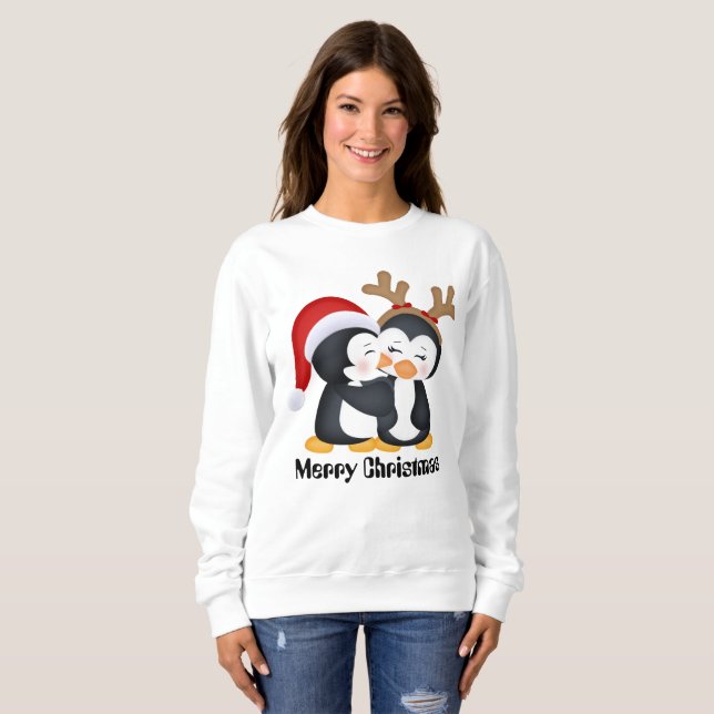 Sweatshirt Kissing Noël Pingouins de Noël ajouter le message (Devant entier)
