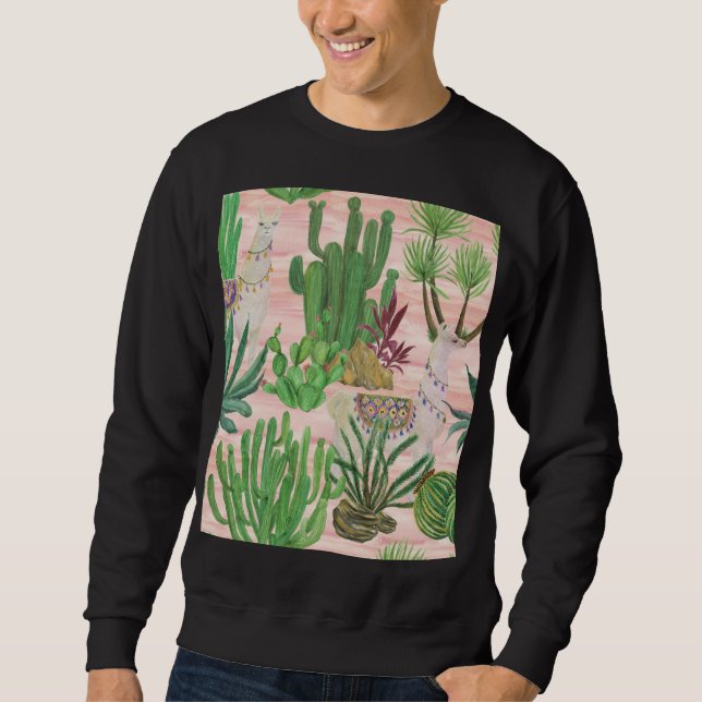 Sweatshirt Lamas aquarelle et motif cactus. (Devant)