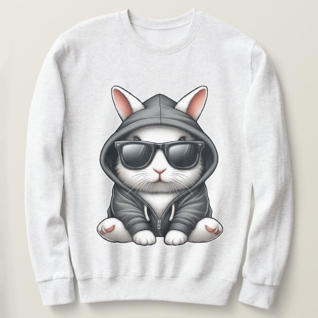 Sweatshirt Lapin Blanc Cool en Capuche et Lunettes de Soleil (Design devant)