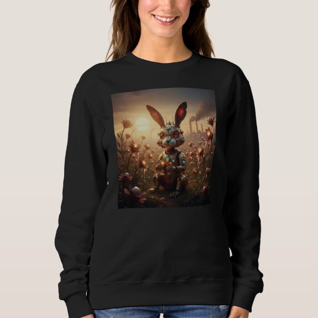 Sweatshirt Lapin Robot dans un champ de fleurs Steampunk (Devant)