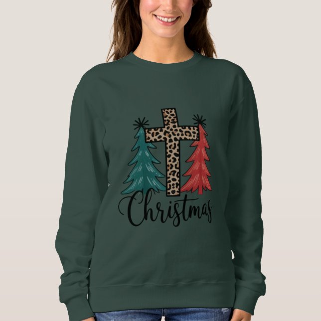 Sweatshirt Léopard croix arbres de Noël chrétiens  (Devant)