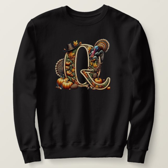 Sweatshirt Lettre Q dîner de Thanksgiving dinde  (Design devant)