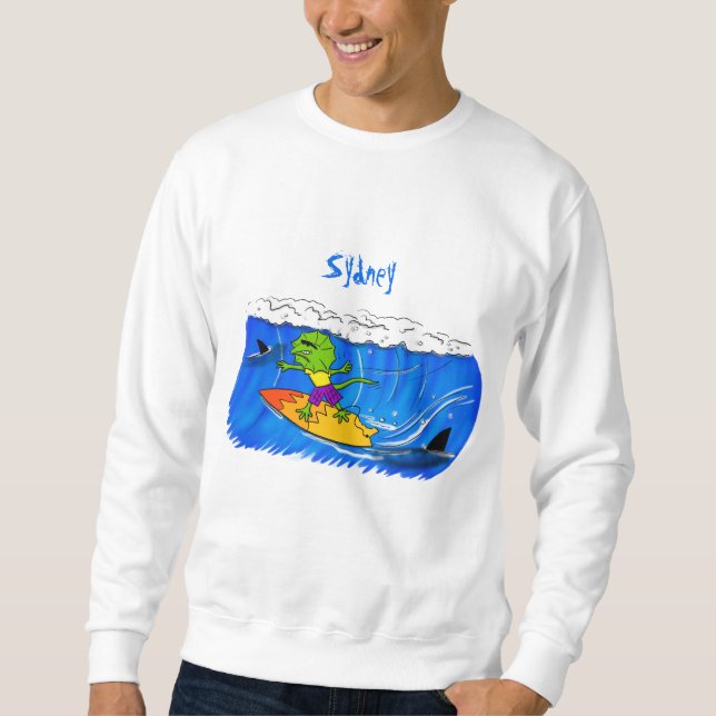 Sweatshirt Lézard à collerette drôle surfant dans un dessin a (Devant)