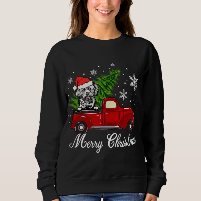 Sweatshirt Lhasa Apso Chien À cheval Camion Rouge Joyeux Noël (Devant)