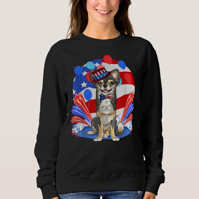 Sweatshirt Long Haired Chihuahua 4th of July American Flag (Devant)