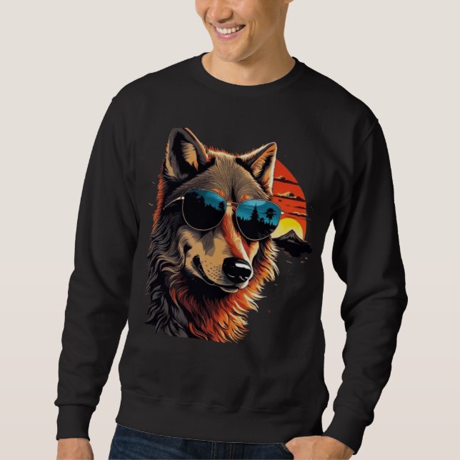 Sweatshirt Loup chien avec lunettes de soleil dans le coucher (Devant)