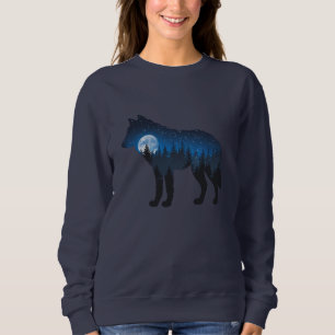 Sweatshirt Loup en silhouette à double exposition sous la lun