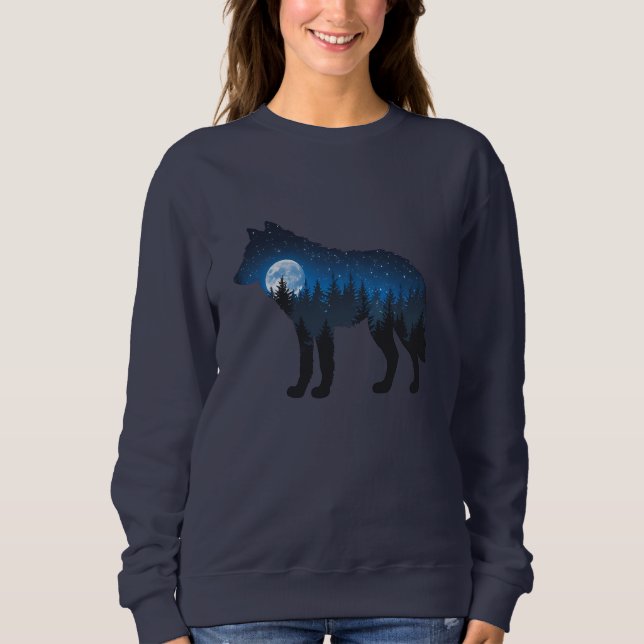 Sweatshirt Loup en silhouette à double exposition sous la lun (Devant)