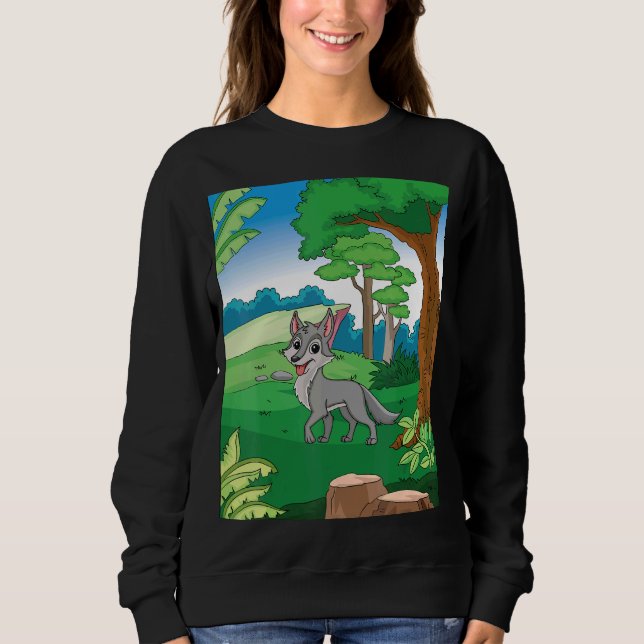 Sweatshirt Loup Gris Souriant Traversant La Forêt Avec Blu (Devant)