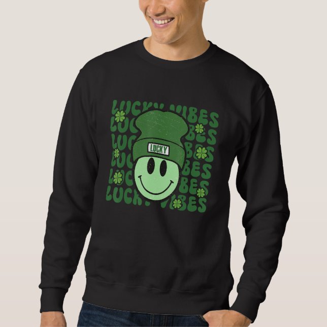Sweatshirt Lucky Vibes St. Patrick's Day Groovy Happy Face wi (Devant)