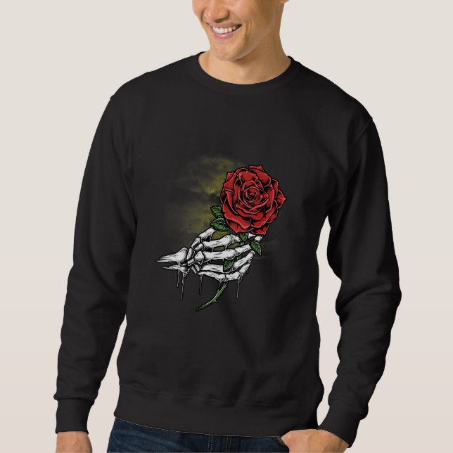 Sweatshirt Main de squelette blanc tenant une rose rouge (Devant)
