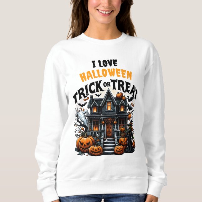 Sweatshirt Maison éffrayante avec citrouilles et fantômes (Devant)