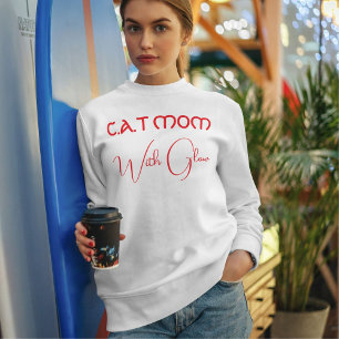 Sweatshirt Maman de chat rouge et blanc drôle personnalisé
