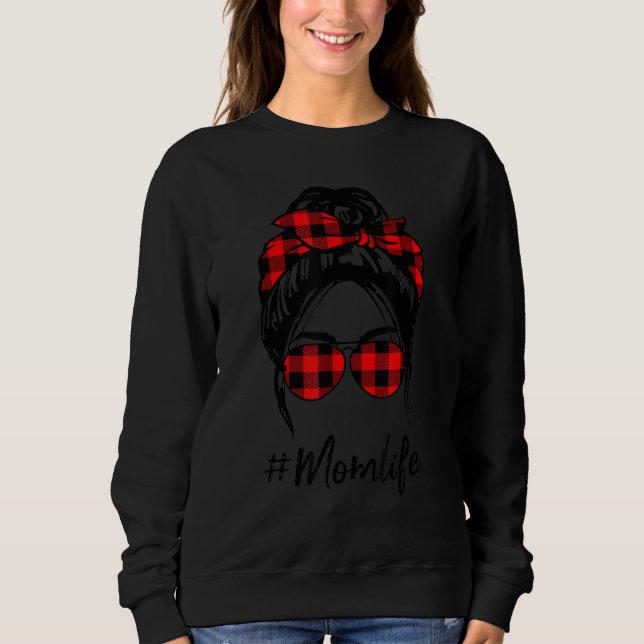 Sweatshirt Maman Vie Messy Bun Cheveux Leopard rouge plaid Ha (Devant)