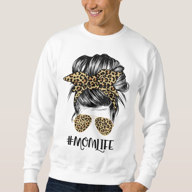 Sweatshirt Maman Vie Messy Cheveux Bun Leopard Femmes Fête de (Devant)