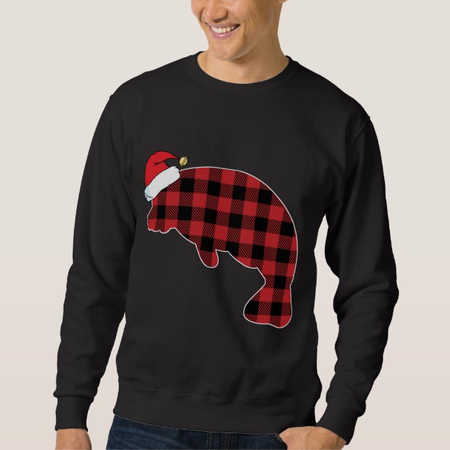 Sweatshirt Manatee Red Plaid Pajama Santa Hat Noël (Devant)