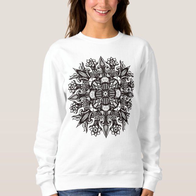 Sweatshirt Mandala Botanique De Champignons Noirs Et Blancs c (Devant)