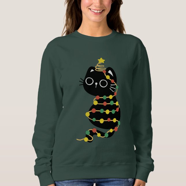 Sweatshirt Meowy Christmas Xmas Lights Black Cat  (Devant)