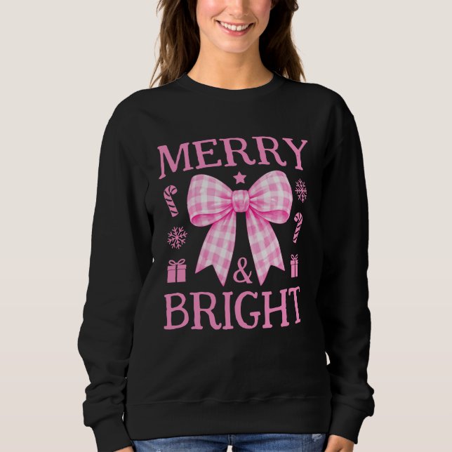 Sweatshirt Merry & Bright Bow à carreaux roses de Noël (Devant)
