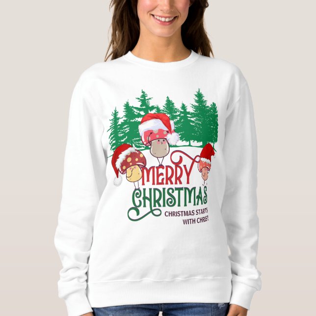 Sweatshirt MERRY CHRISTMAS MUSHROOMS en forêt (Devant)