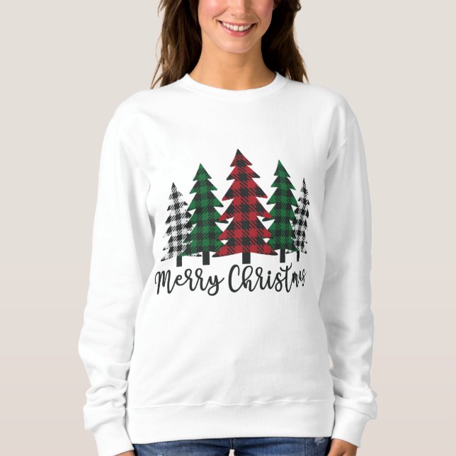 Sweatshirt Merry Christmas Tree Buffalo Plaid Red White Green (Devant)
