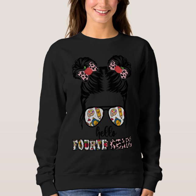 Sweatshirt Messy Bun Bonjour 4e année Enseignant 1er jour (Devant)