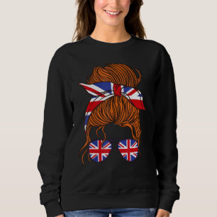 Sweatshirt Messy Red Hair Bun British Flag Mother Day Queen U