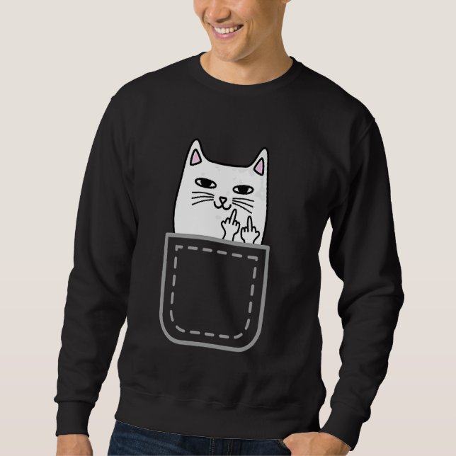 Sweatshirt Middle Finger Cat Pocket Funny Cartoon Cat White P (Devant)