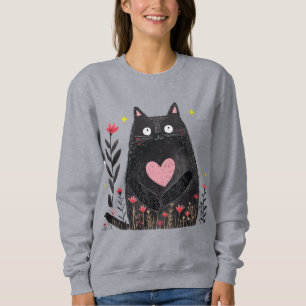 Sweatshirt Mignonne Boho Floral Aquarelle Chat Noir Féminin